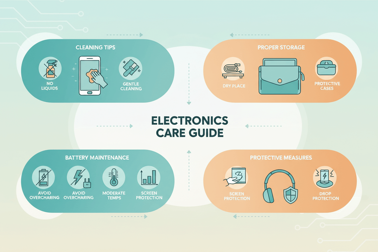 Visual guide for electronics care tips including cleaning, storage, battery maintenance, and protective measures.