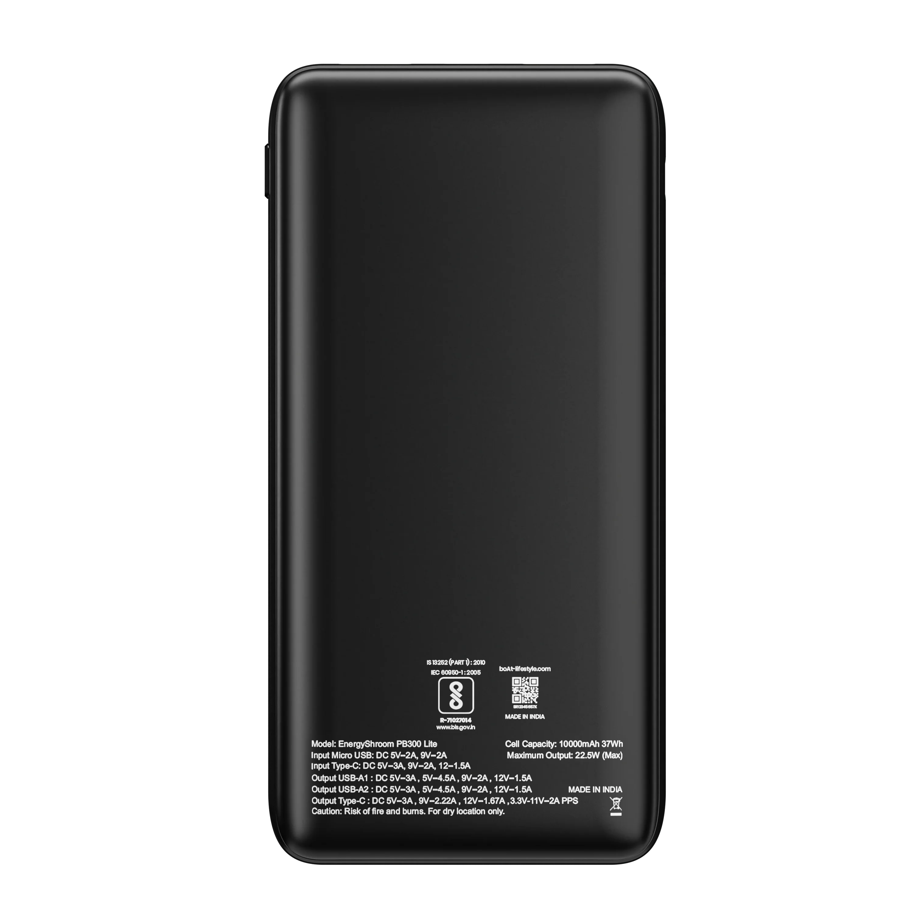 Boat ENERGYSHROOM PB300 Lite Carbon Black – High-Performance Power Bank with Sleek- Durable Design