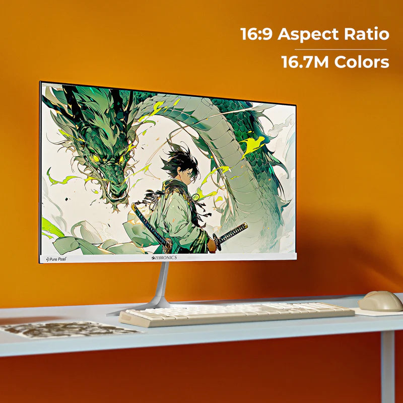 Zebronics A25FHD 25 inch LED Monitor showcasing 16:9 aspect ratio and vibrant 16.7M colors.