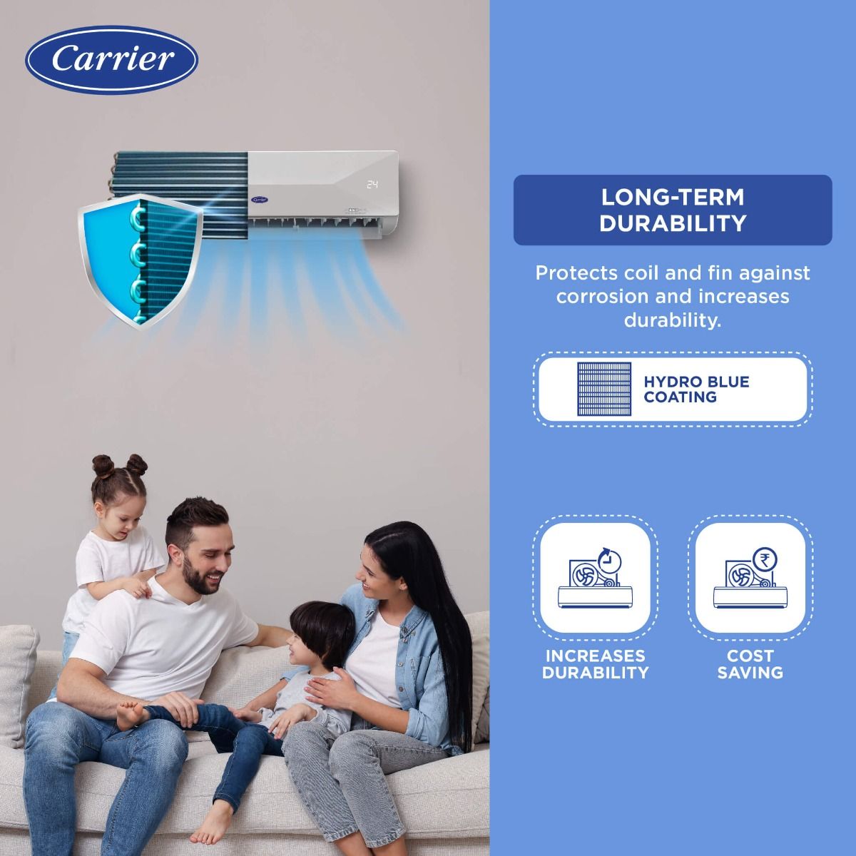 Carrier 1 Ton 3 Star Flexicool Inverter Split AC (Copper- Convertible 6-in-1 Cooling-Insta Cool & Smart Energy Display- 2024 Model-Xcel Edge Exi-CAI12CE3R34F0-White)