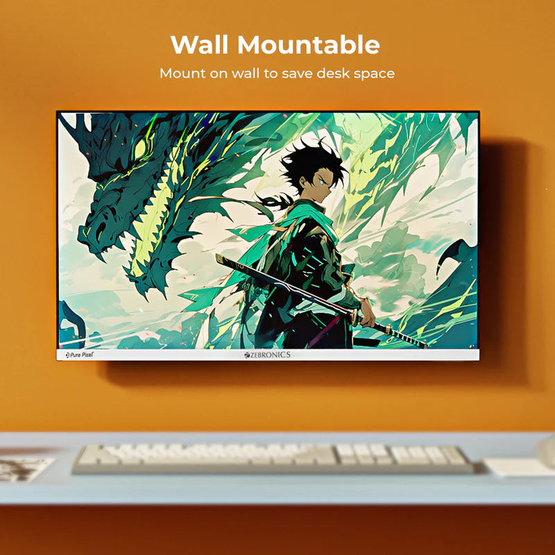 Zebronics A25FHD 25 inch LED Monitor mounted on wall with dragon artwork, showcasing compact design for space-saving.
