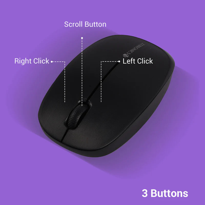 Zebronics Companion 115 Keyboard Combo mouse with 3 buttons labeled for scroll, right click, and left click.
