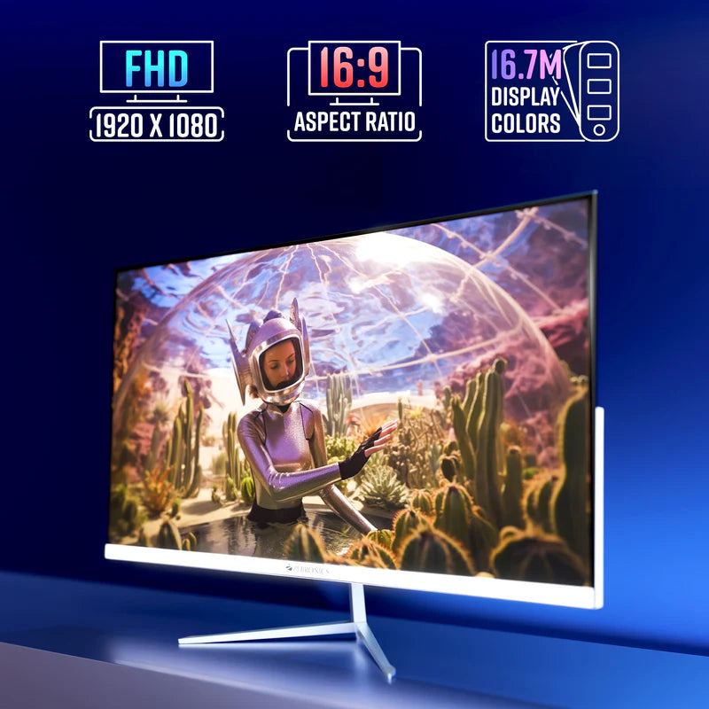 Zebronics A27FHD 27 inch LED Monitor showcasing FHD resolution, 16:9 aspect ratio, and 16.7M display colors.