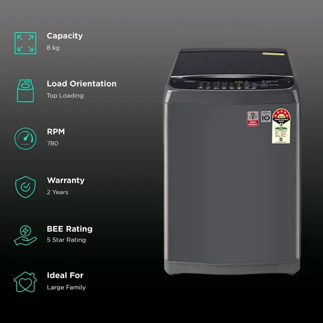 LG 8Kg Top Load Washing Machine- Smart Inverter Motor- Middle Black T80SPMB1Z