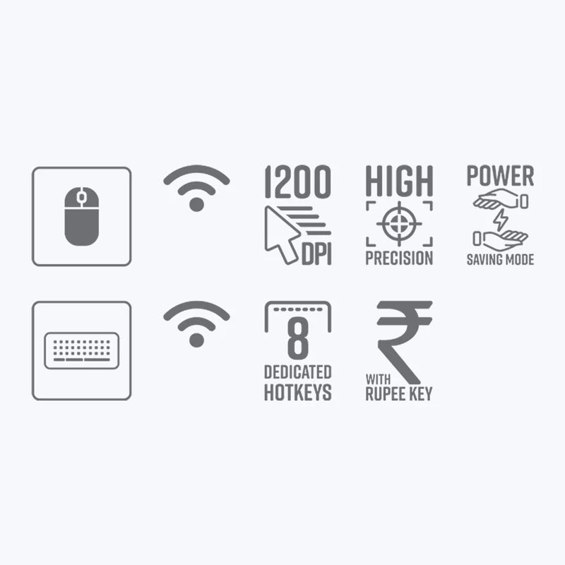 Icons showcasing features of Zebronics Companion 151 Keyboard Combo including wireless, 1200 DPI, and dedicated hotkeys.