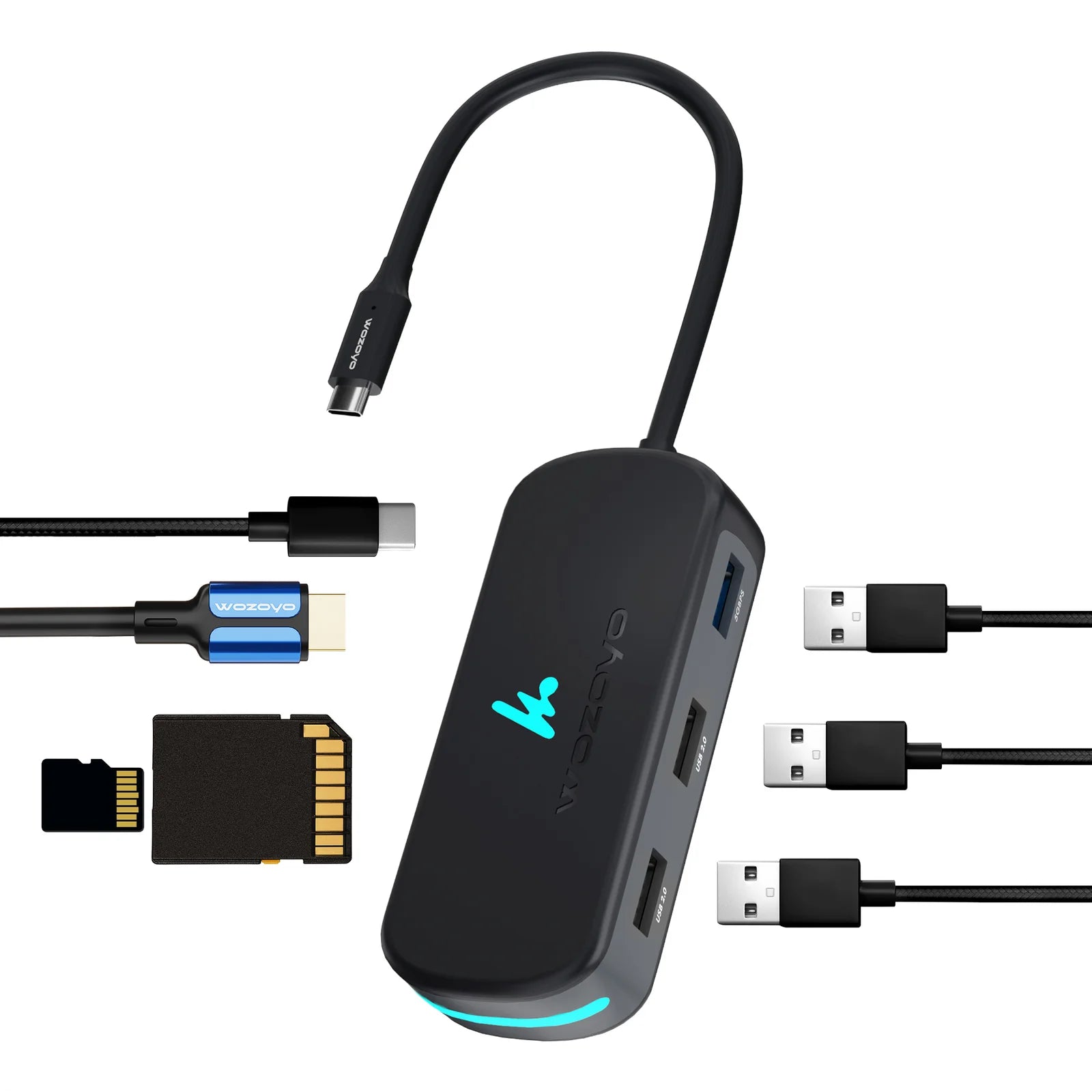 WOZOYO 7-in-1 USB Type-C Docking Station with multiple USB ports and card reader for enhanced connectivity.