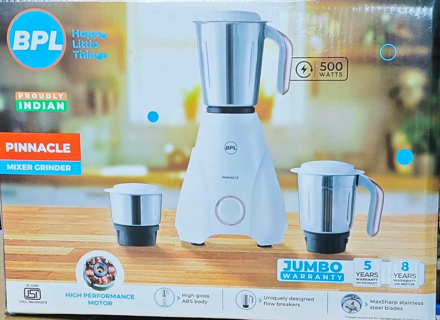 BPL Pinnacle Mixer Grinder | 500W Powerful Motor | 3 Jars | 6-in-1 Functions | Stainless Steel Blades – White