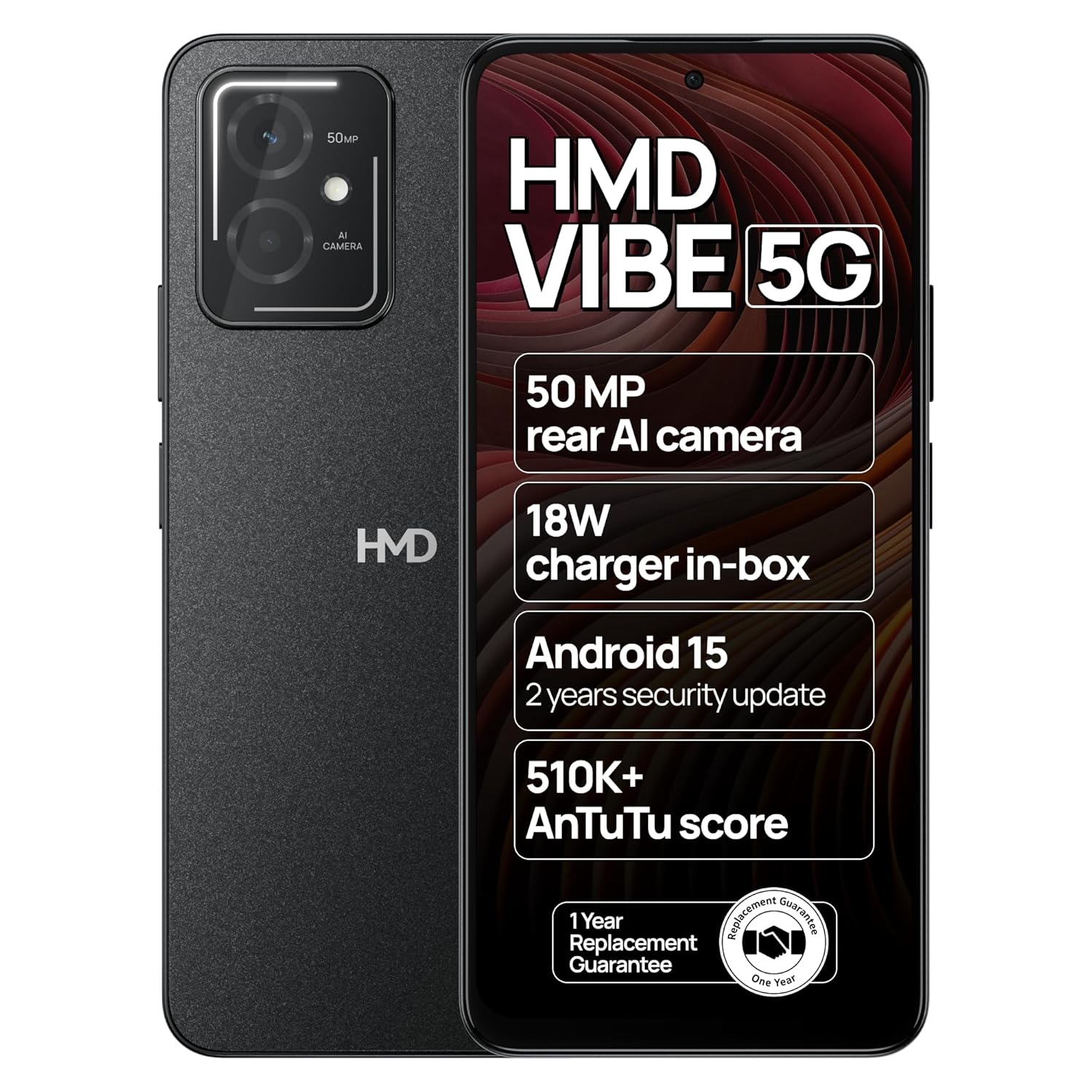 HMD Vibe 5G — Android 15 | 50 MP Dual Rear AI Camera | Rear Notification LED | 510K+ AnTuTu | 18W Fast Charging