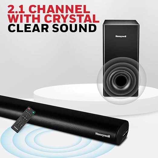 Honeywell Trueno U3000 Soundbar 200w, 2.1Ch Surround Sound Home Theatre, Deep Bass Down Firing Subwoofer, 3 EQ Modes, BT v5.3, AUX, USB, Optical Input, HDMI/ARC, Sleek Remote (Black)