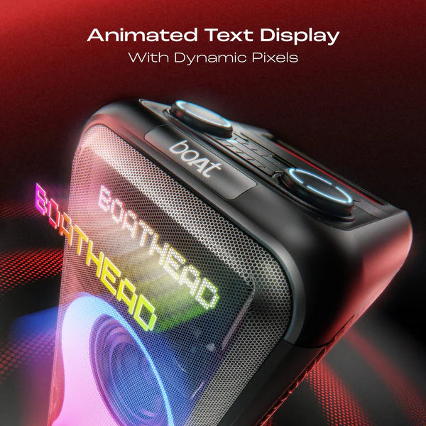 boAt New Launch PartyPal 600 Party Speaker- 220W Signature Sound- Dynamic Pixels- Animated Text Display- App Support- UHF Wireless Microphone- Colorful LEDs-7hrs Battery & Guitar Input(Premium Black)