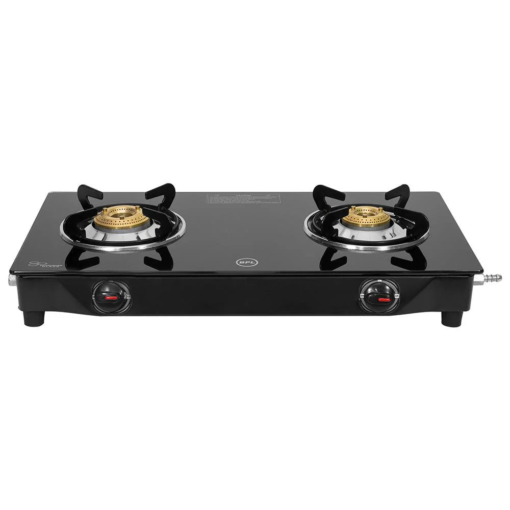 BPL Glass Top 2-Burner Gas Stove with Toughened Glass Top, Brass Burner & Valve, Nylon Base Knobs, 2 Years Warranty