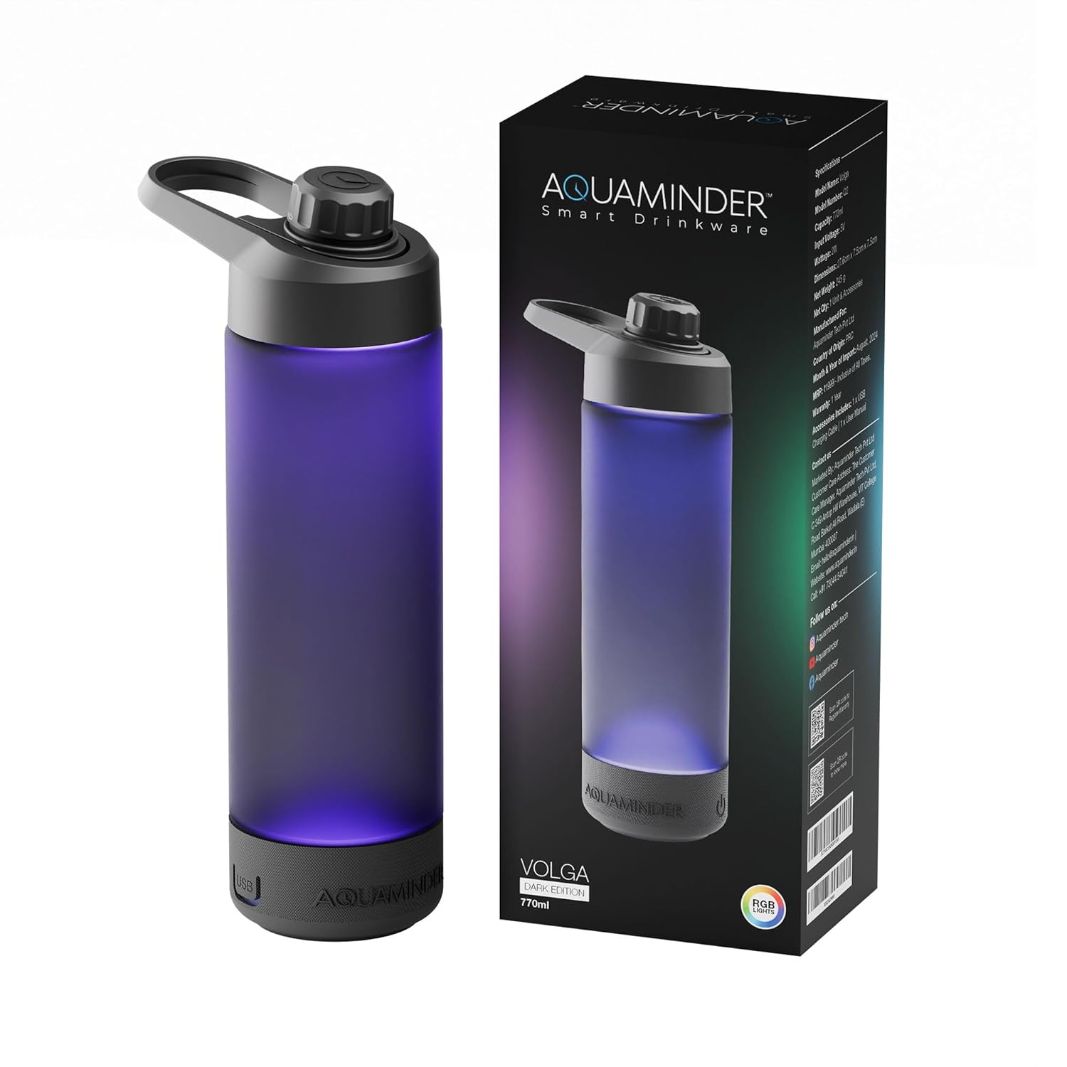 Aquaminder Smart Water Bottle Glows & Beeps to Remind You to Drink More 770 ml Chug Cap Bottle For Adults and Kids Perfect For Gift, Travel, Gym, Yoga, Silicone