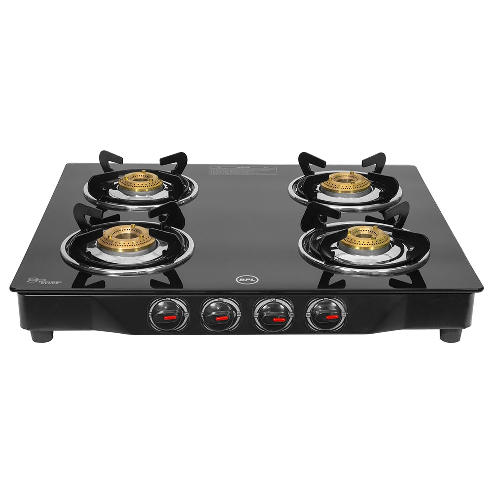 BPL BGSGTR2334BE 4-Burner Glass Top Gas Stove, Brass Burners