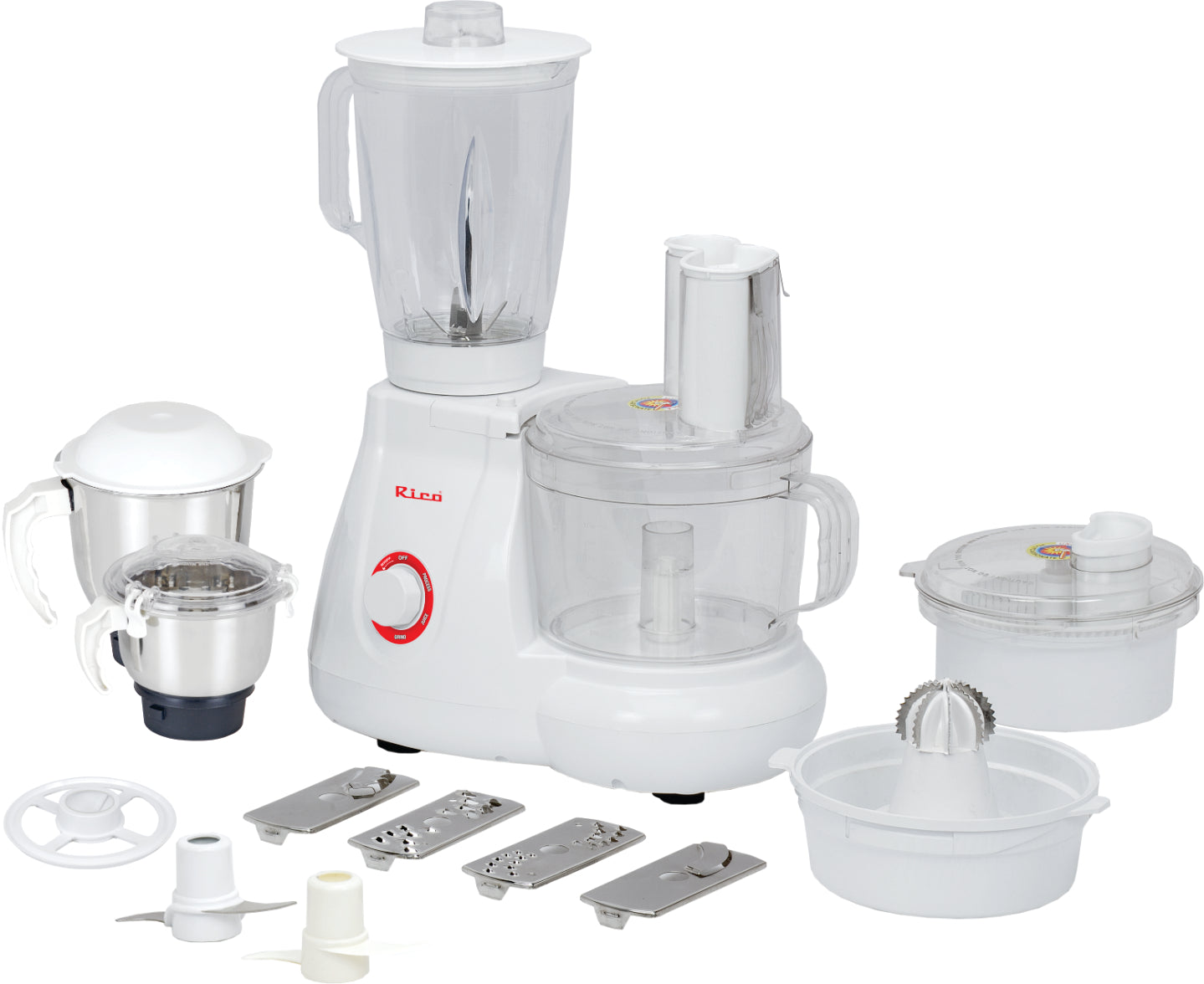 Rico Food Processor with Coconut Scraper, Juicer Jar, Unbreakable Bowl, 3 Flow Breaker Jars (White, 700 Watt)