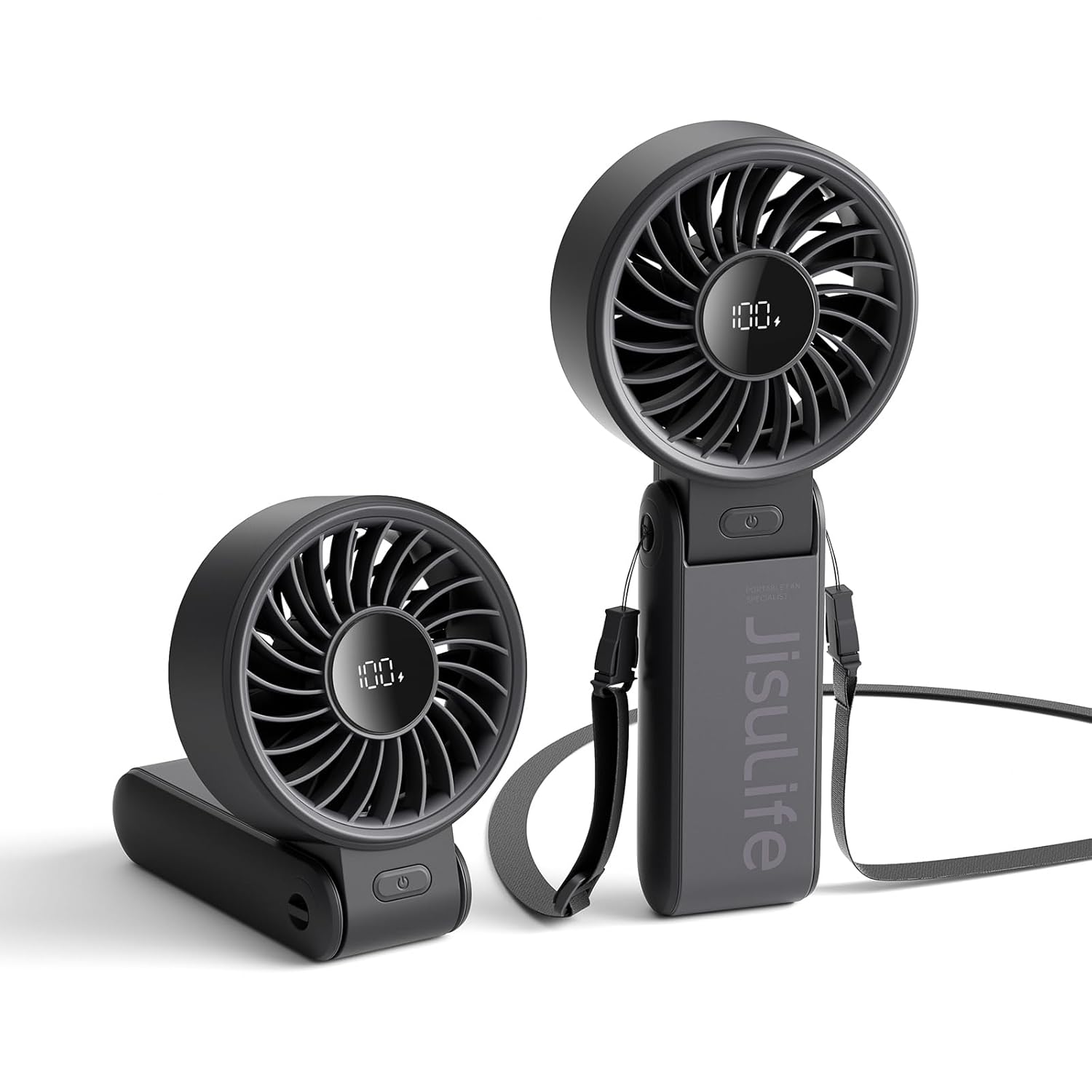 JISULIFE Handheld Fan Life7,2024 Powerful Portable Fan with LED Display[19.5Hrs Max Cooling]5000mAh,150°Folded,5 Speeds,Lanyard; 3-IN-1 Hand/Desk/Neck Fan,Travel Essentials Gifts for Women,Men