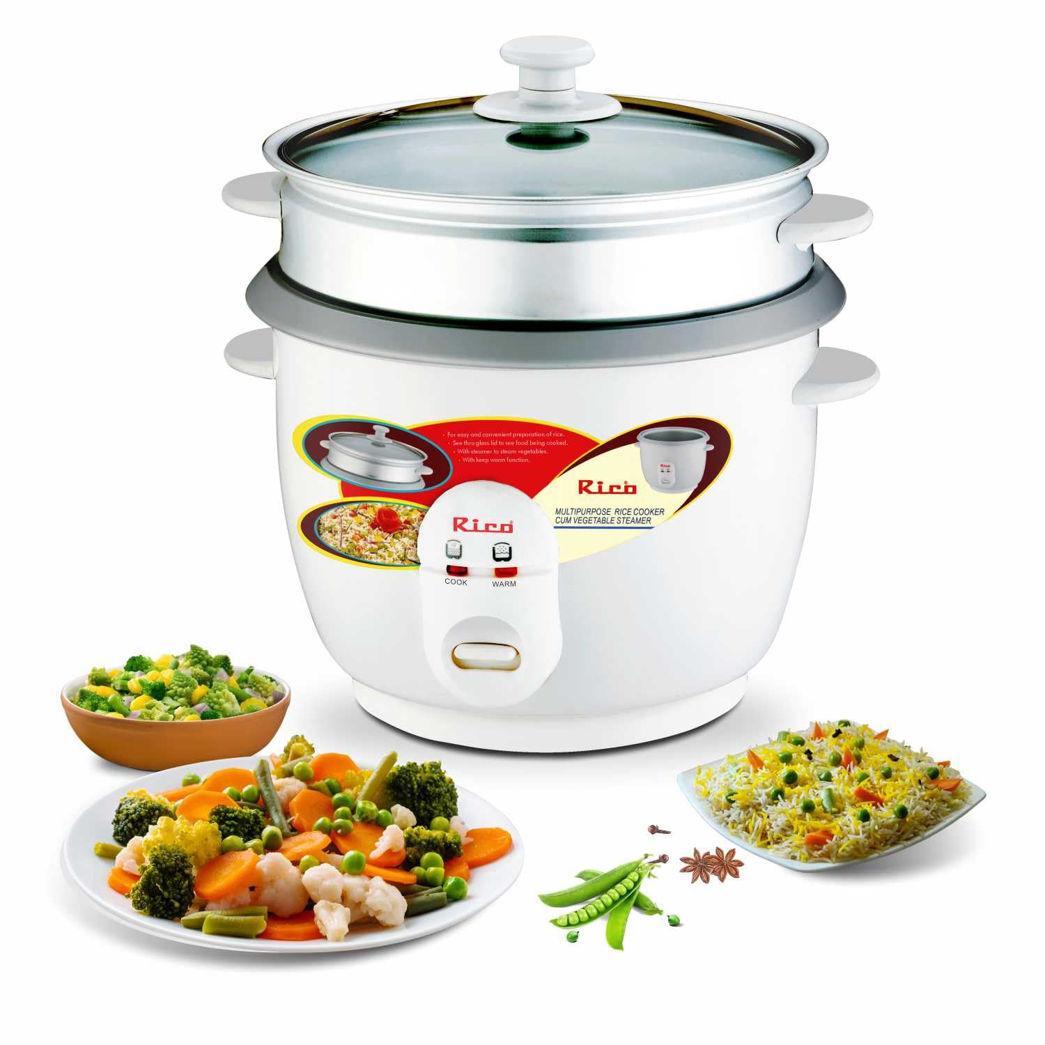 Rico Automatic Electric Rice Cooker 1.8 litres Single Pot with Vegetable Steamer | Quick Cook Japanese Technology | 650 Watt l One Touch Control and Transparent Glass lid |1 Year Warranty | (Aluminum)