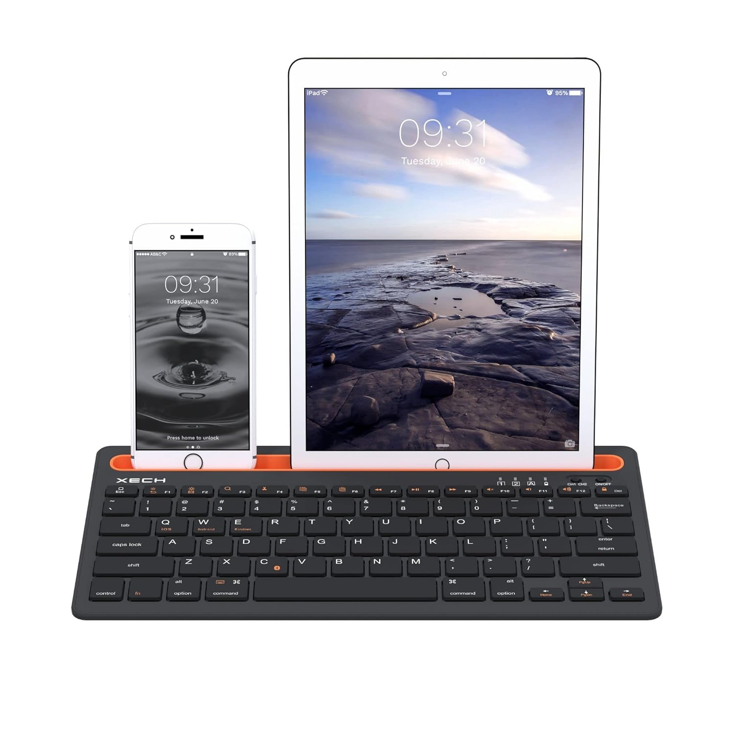 Xech Wireless Keyboard with Multi-Device Connectivity Double Channel Keyboard with Phone Stand & Tablet Holder for Smartphones PC Laptops Desktop Computers Tablets Smart TVs (Orange)
