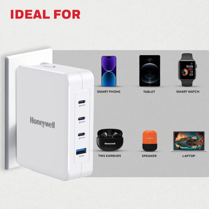 Honeywell Zest Charger GaN 100W-Ultra-Fast Wall Charger with PPS Support-2xType C PD 3.0 Ports & 2xUSB A Port-BIS Certified-Equipped with Switchable Plugs-Compatible with iPhone-Galaxy-Laptops