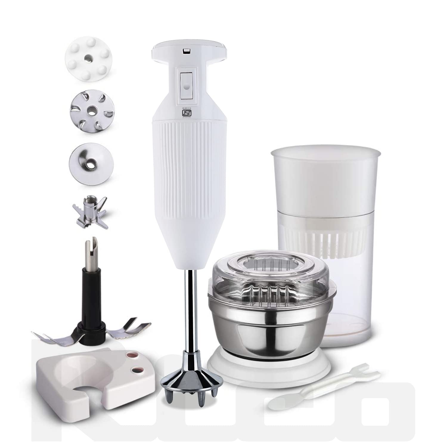 Rico Hand Blender with Chutney Maker & Juicer Attachment - 2 Years Replacement warranty - ISI Quality Mark -Japanese technology quick blend with 5 Blades (HBCJ)