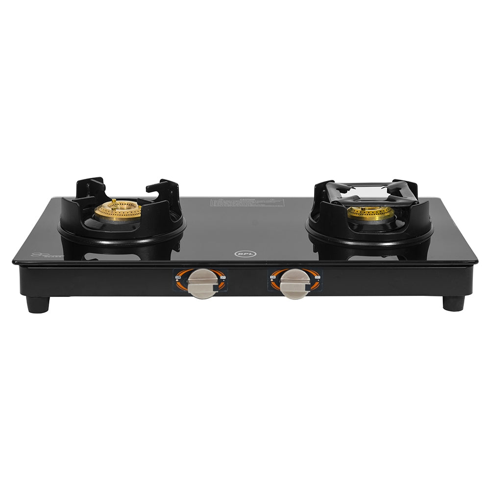 BPL Slim Glass Top 2 Burner Gas Stove BGSGTS0042B, Metal Knobs