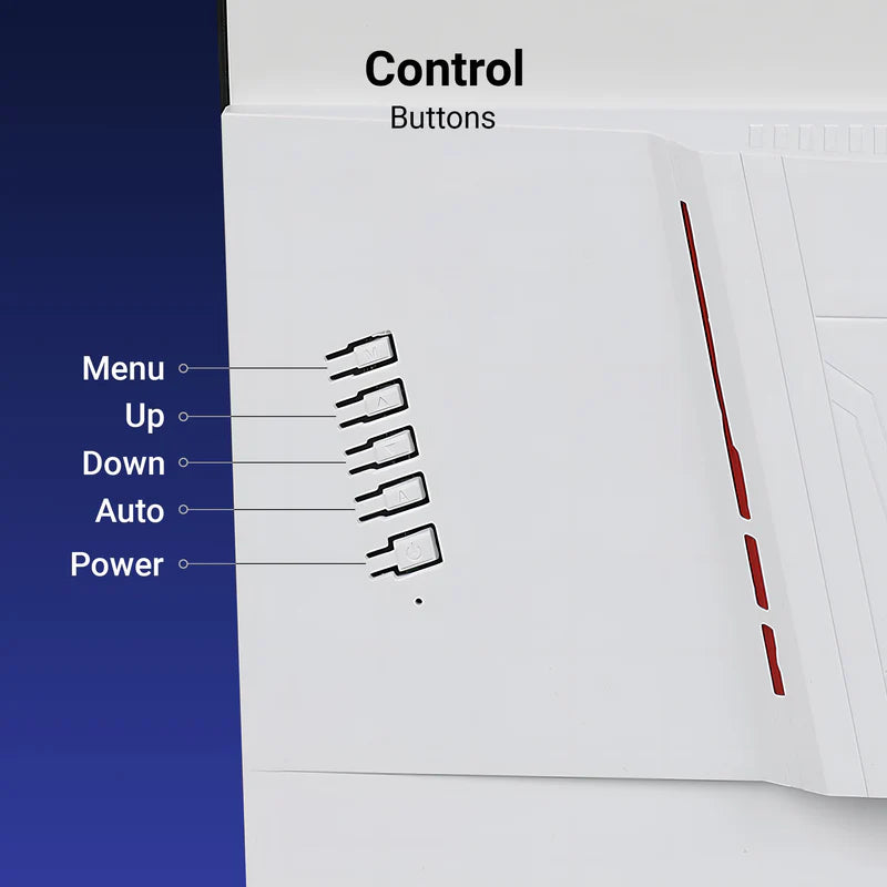 Control buttons of Zebronics A27FHD 27 inch LED Monitor including Menu, Up, Down, Auto, and Power.
