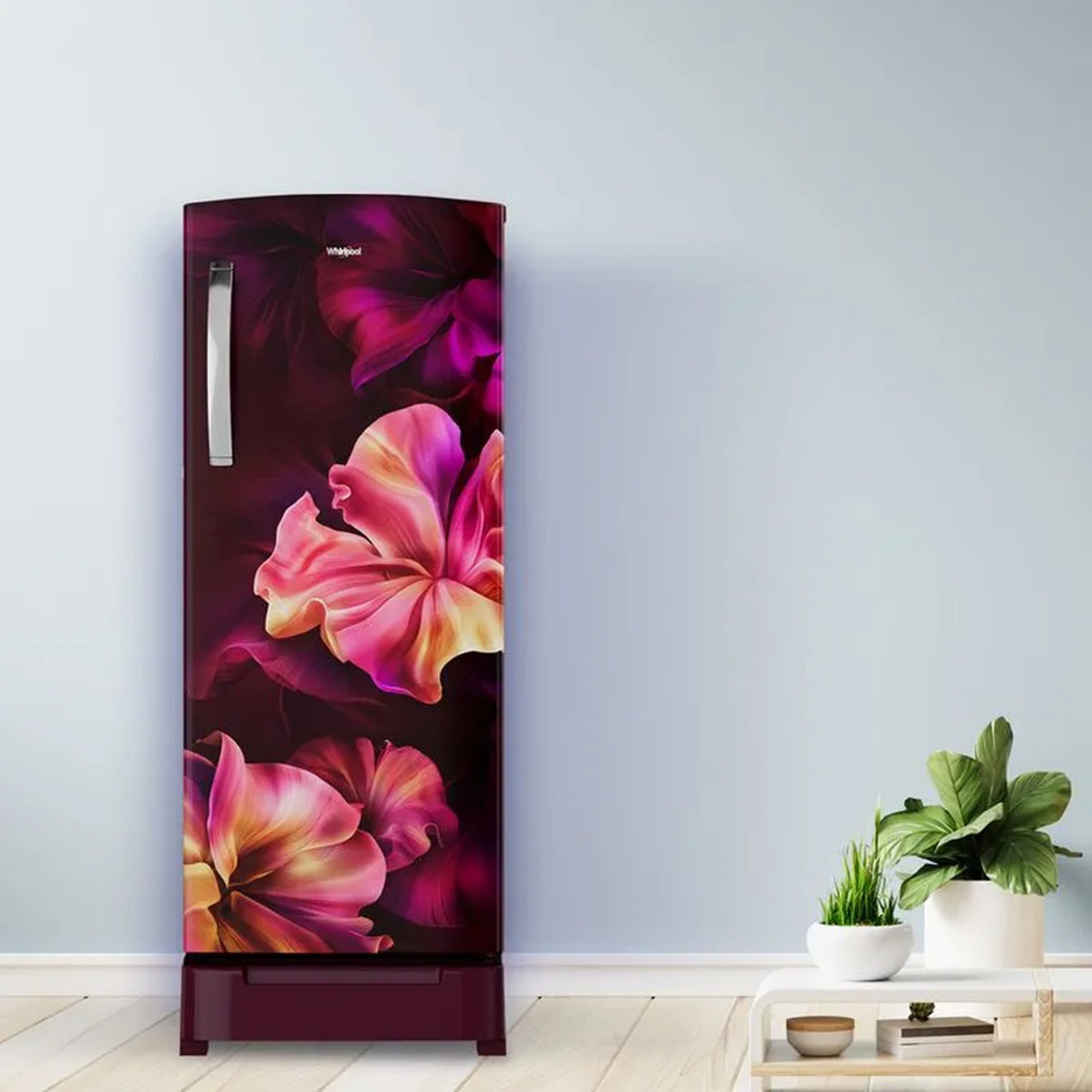 Whirlpool 192L 5 Star Inverter Single Door Refrigerator in floral design with vibrant colors