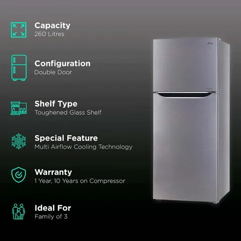 LG 242 L Frost Free Double Door 2 Star Convertible Refrigerator  (Dazzle Steel- GL-N292BDSY)