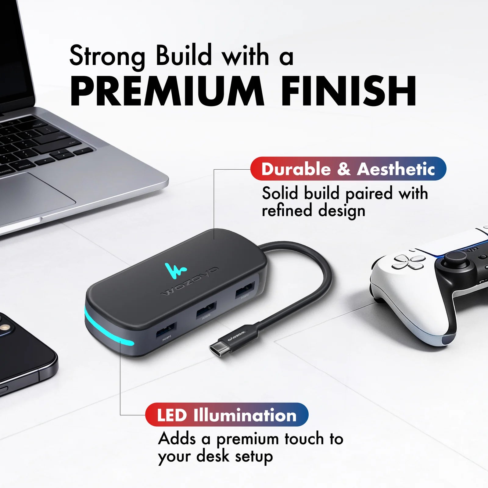 WOZOYO 7-in-1 USB Type-C Docking Station showcasing strong build and premium finish with LED illumination.
