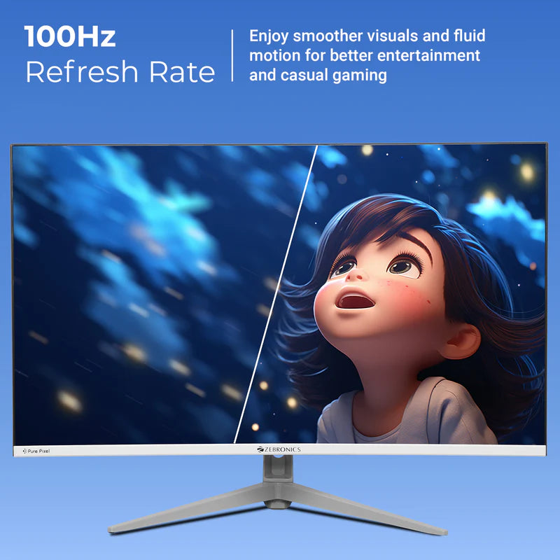 Zebronics EA320 31.5 inch Curved LED Monitor showcasing 100Hz refresh rate for smoother visuals and casual gaming.