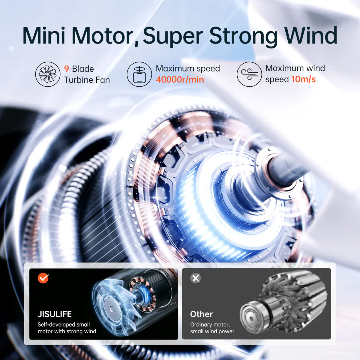 JISULIFE Handheld Fan Life9 grey mini motor with 9-blade turbine, 40000 rpm and 10m/s turbo airflow
