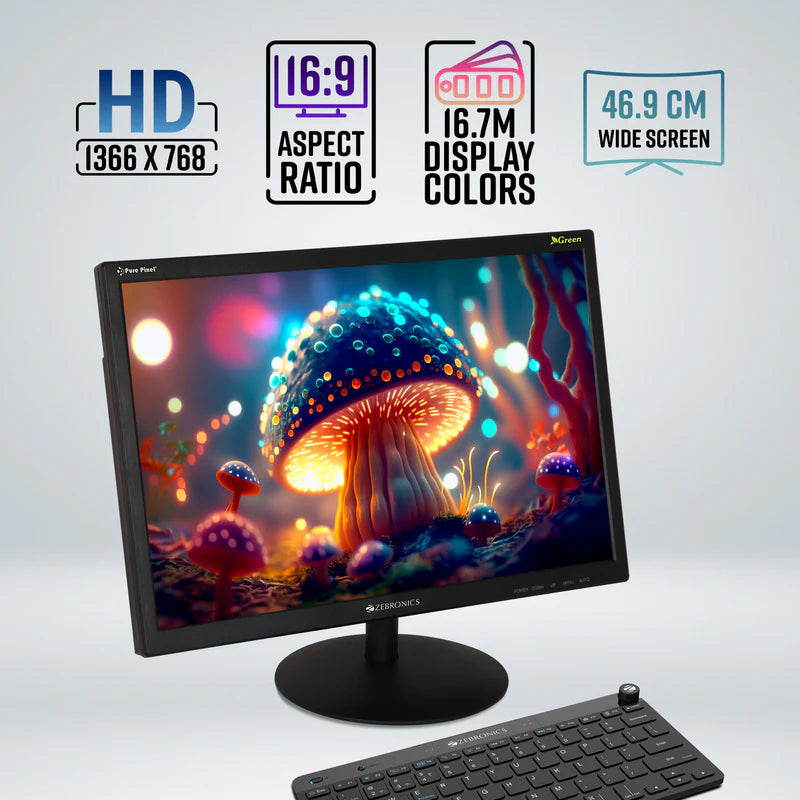 Zebronics Zebster V19HD 19 inch LED Monitor with HD resolution and vibrant colors showcased on screen