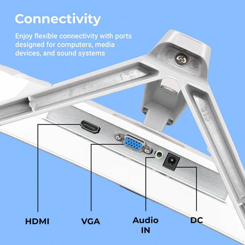 Zebronics EA320 31.5 inch Curved LED Monitor connectivity options including HDMI, VGA, Audio IN, and DC ports.