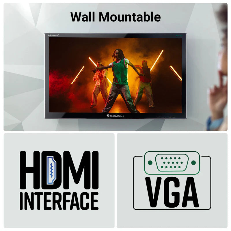 Zebronics Zebster V19HD 19 inch LED Monitor with HDMI and VGA interfaces, wall mountable for versatile use.