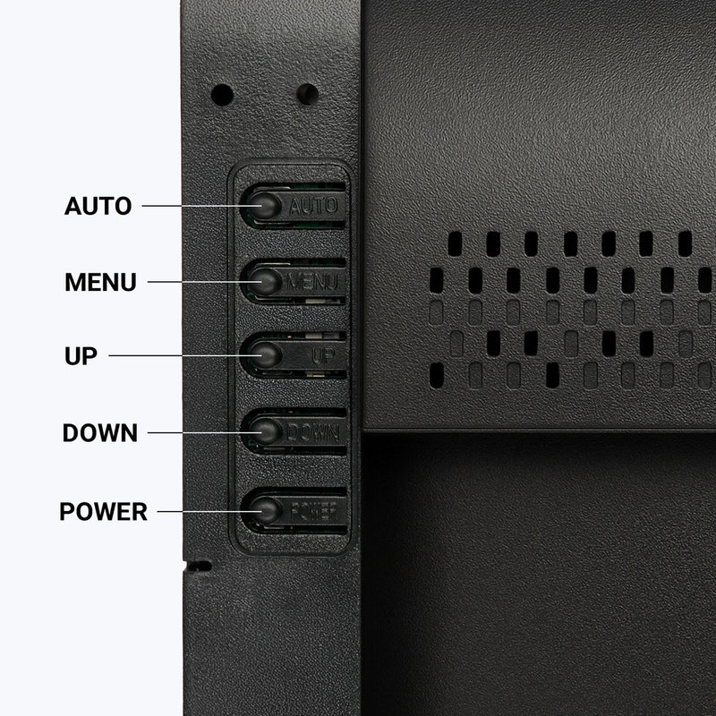 Control buttons on the side of Zebronics Zebster V19HD 19 inch LED Monitor showing AUTO, MENU, UP, DOWN, and POWER.