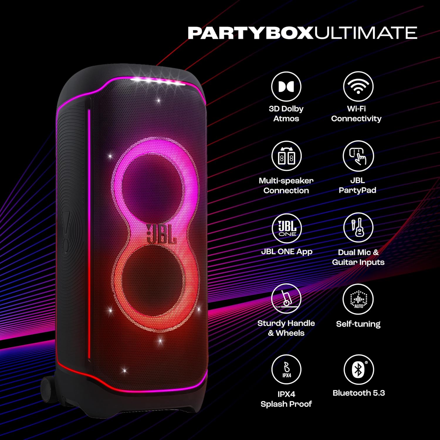 JBL Partybox Ultimate, Dynamic Lightshow, Party Pad, Wi-Fi & Bluetooth Connectivity, Dual Mic with Guitar Inputs, Pro Sound, Ipx4 Splashproof, Self Tuning, One App - Multimedia