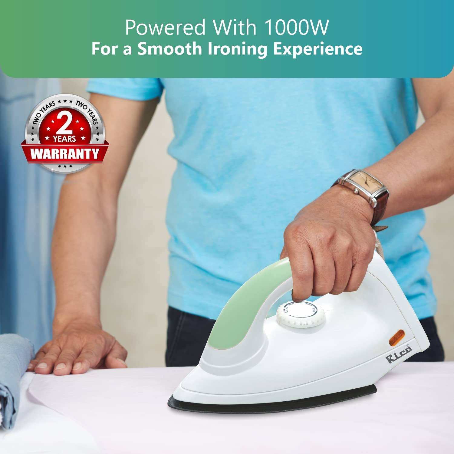 Rico AI08 Light Weight Electric Dry Iron Press for Clothes 1000W | Anti-bacterial Coating Technology with Non Stick Soleplate | 2 Year Replacement Warranty