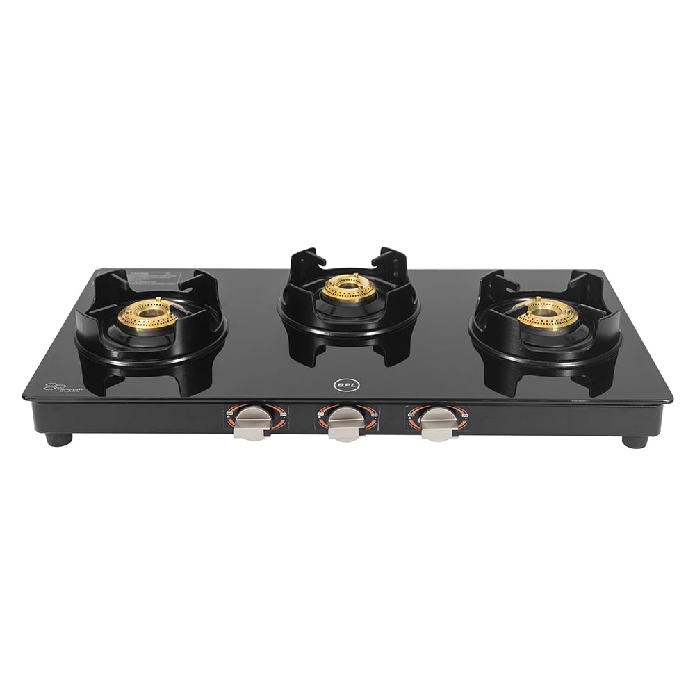 BPL BGSGTS0053B Slim Glass Top 3-Burner Gas Stove, Metal Knobs