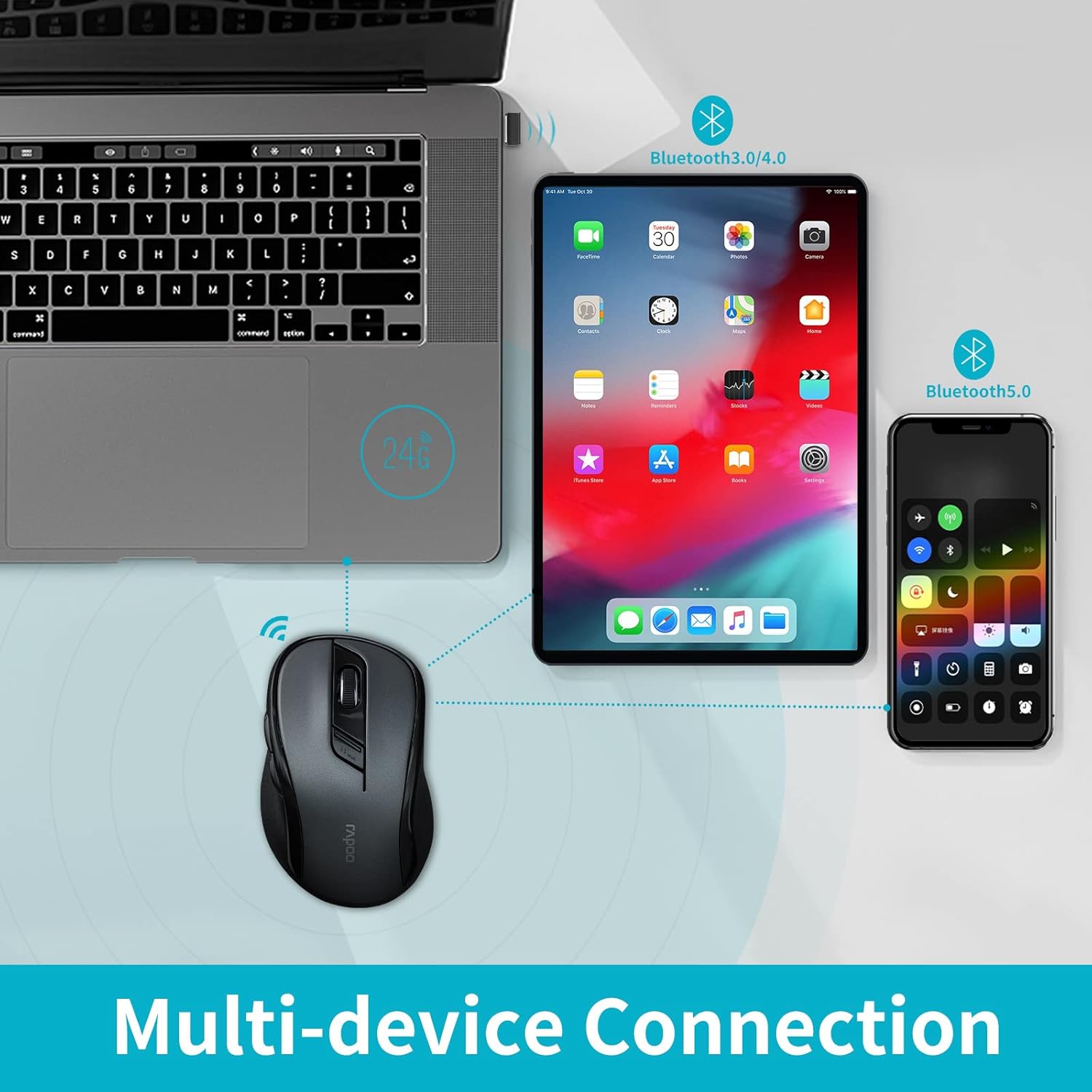 RAPOO M500G Multi Mode Bluetooth 5.0 & 3.0 Mouse 2.4G Wireless Portable Silent Mouse with USB Receiver, Adjustable DPI for Laptop, MacBook, PC, Windows, Tablet