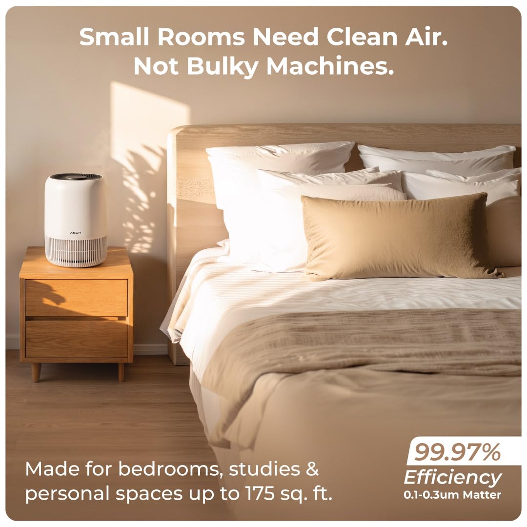 XECH Atmos H13 HEPA Air Purifier on bedside table in small bedroom promoting clean air in compact spaces.