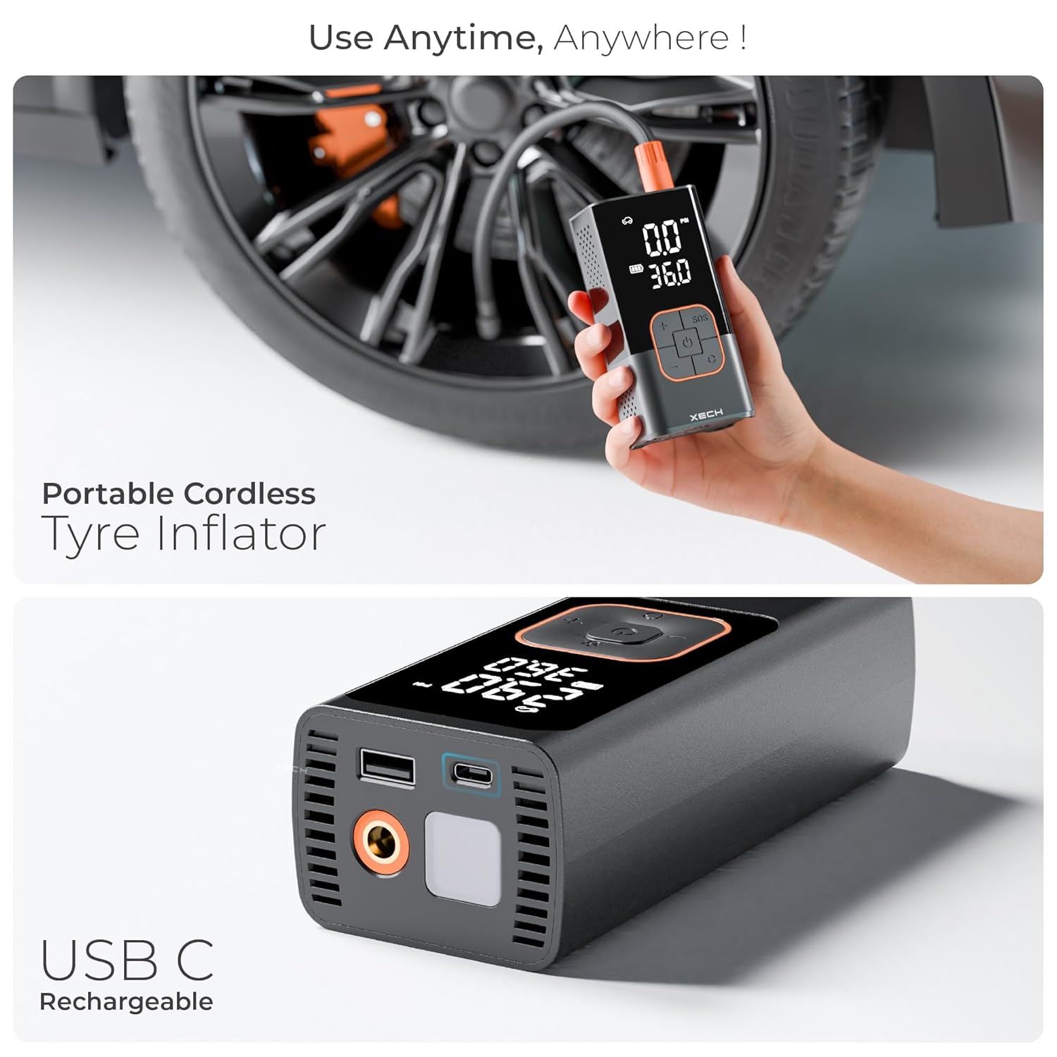 XECH Inflate Cordless Tyre Inflator | 150 PSI Portable Digital Air Pump for Car, Bike, Cycle & Sports Balls | Rechargeable Mini Air Compressor with Auto Shut-Off, LED Light