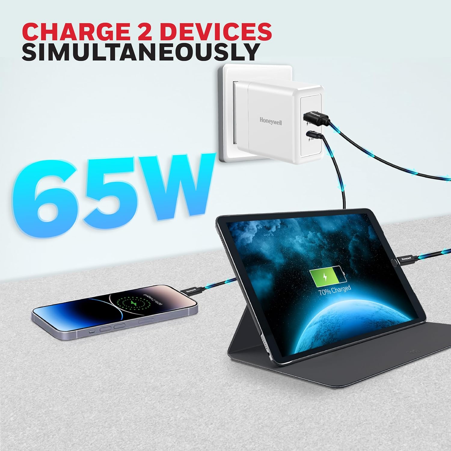 Honeywell Zest Charger GaN 65W, Ultra-Fast Charger with PPS Support, 1xType C PD 3.0 Port & 1x USB A Port, BIS Certified, Compatible with iPhone,MacBook Air,iPad Pro,Pixel,Galaxy,Laptops