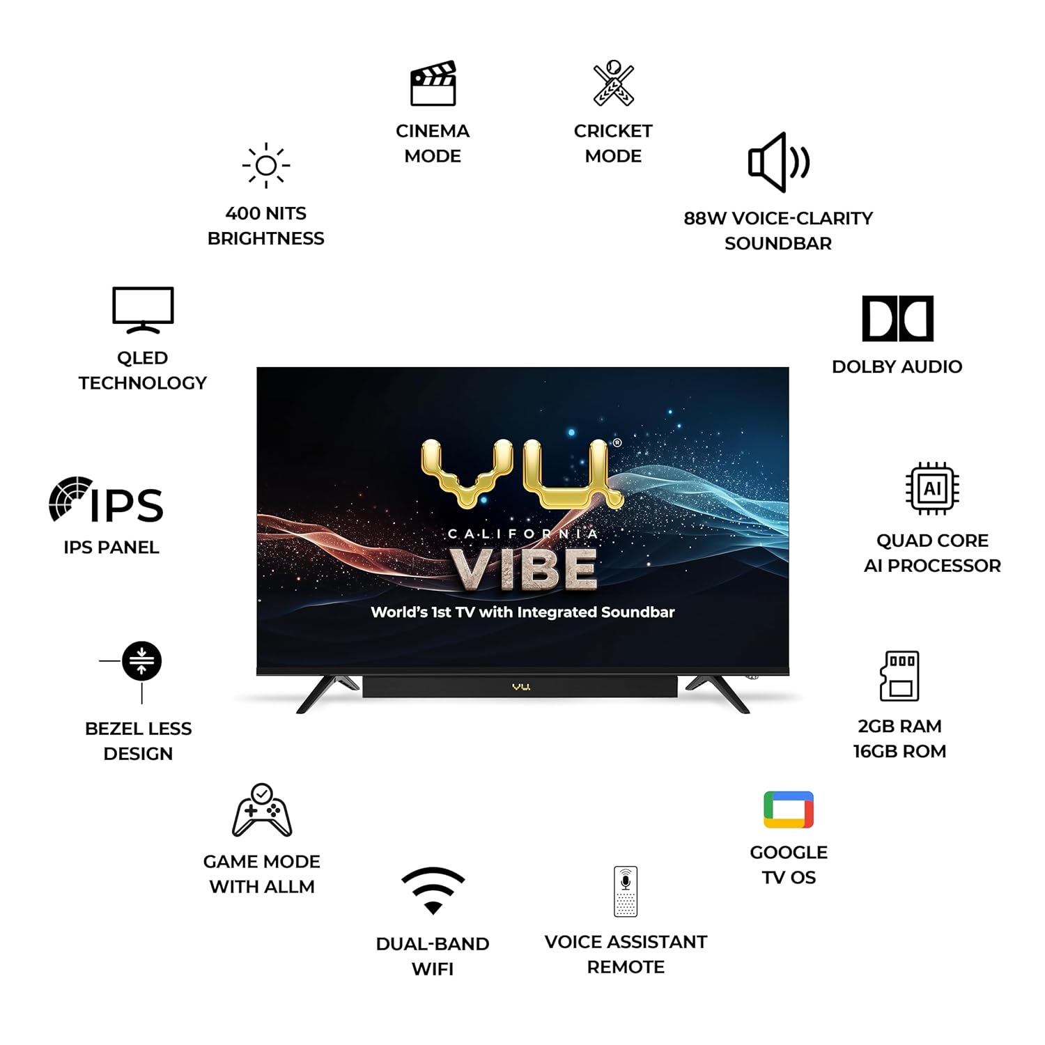 Vu 139cm (55 inches) Vibe Series QLED 4K Google TV 55VIBE24 (Black) With 3 Year Warranty