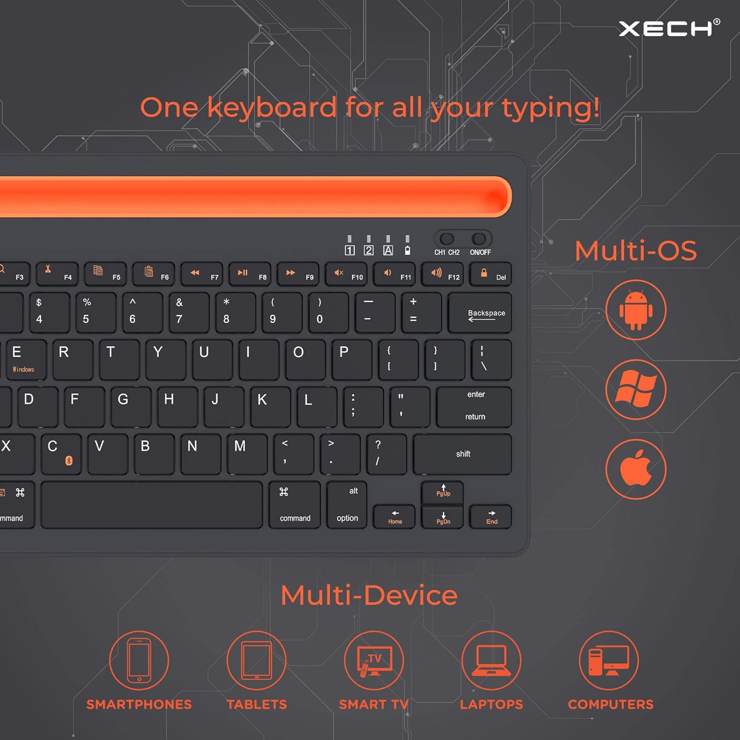 Xech Wireless Keyboard with Multi-Device Connectivity Double Channel Keyboard with Phone Stand & Tablet Holder for Smartphones PC Laptops Desktop Computers Tablets Smart TVs (Orange)