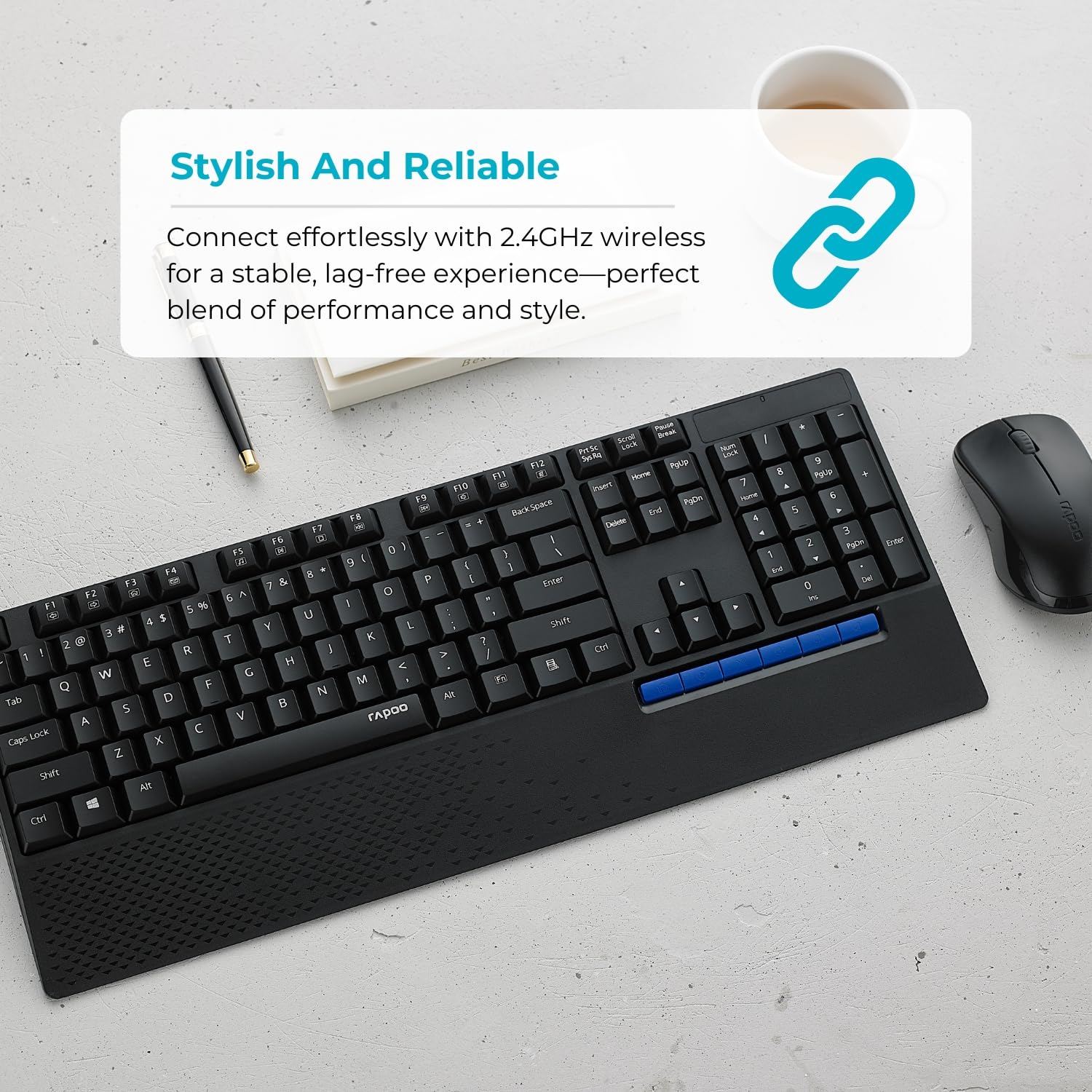 Rapoo X1960 Wireless Optical Mouse & Keyboard Spill Resistance Multimedia Hotkeys 1000DPI Black