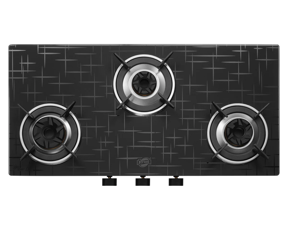 Jyoti 327 Sparkle 3D Tornado Gas Stove with three brass burners on a matte finish glass top.