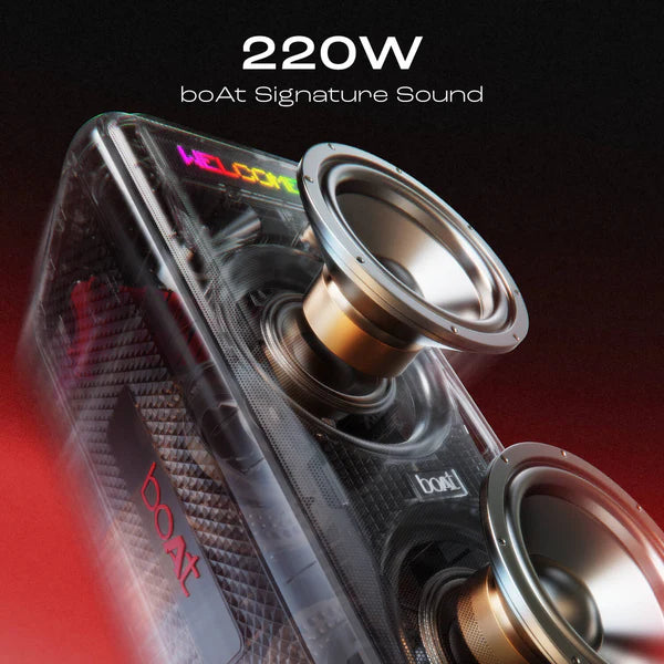 boAt New Launch PartyPal 600 Party Speaker- 220W Signature Sound- Dynamic Pixels- Animated Text Display- App Support- UHF Wireless Microphone- Colorful LEDs-7hrs Battery & Guitar Input(Premium Black)