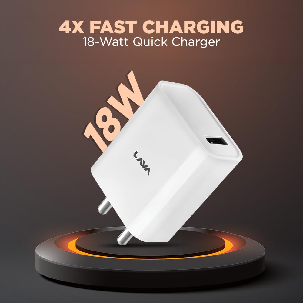 Lava 18W Fast USB Charger (with 3A USB to Type C 1M Cable) | Compatible with Android Mobile, Headphones, TWS, Power Banks, Smartwatch | BIS Certified