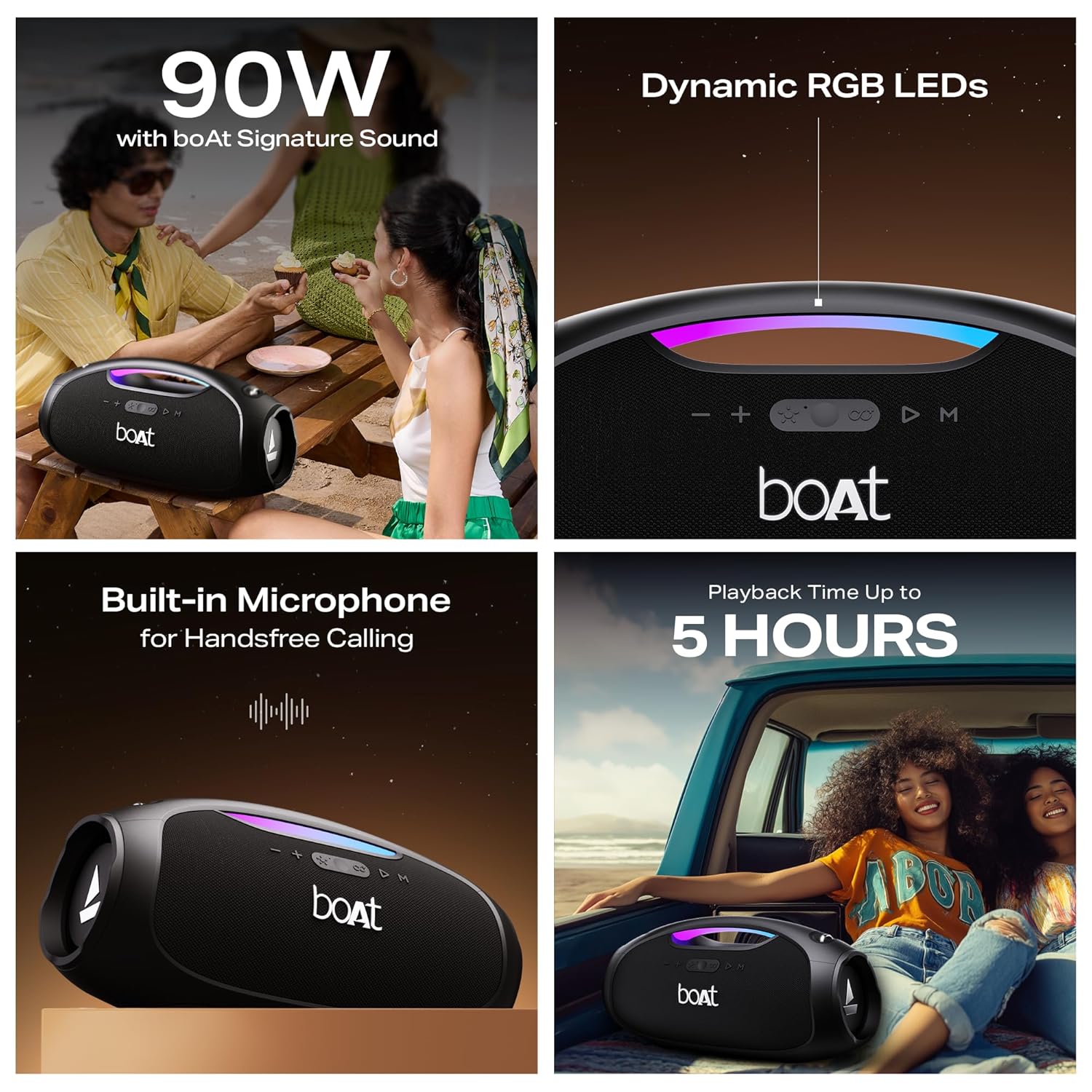 boAt Stone Ignite w/ 90 W RMS Sound, RGB LEDs, EQ Modes, IPX6,BT v5.3,Multi- Compatibility– Aux&USB, Playback time Up to 5 Hours & Type C Charging