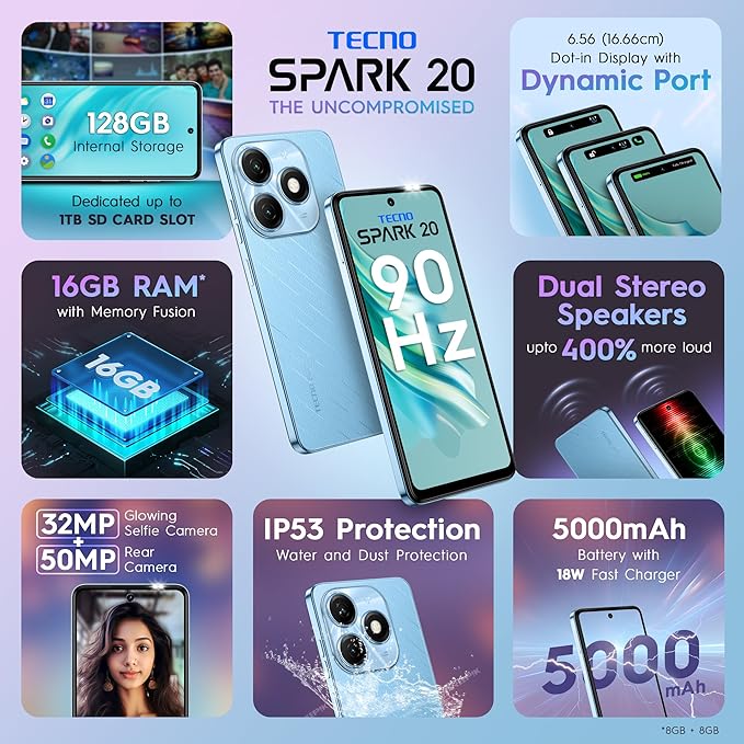 Tecno Spark 20 – Magic Skin Blue | 8GB RAM, 128GB Storage | 50MP Dual Rear + 32MP Selfie | 90Hz Dot-in Display | Dual DTS Speakers | 5000mAh | Helio G85