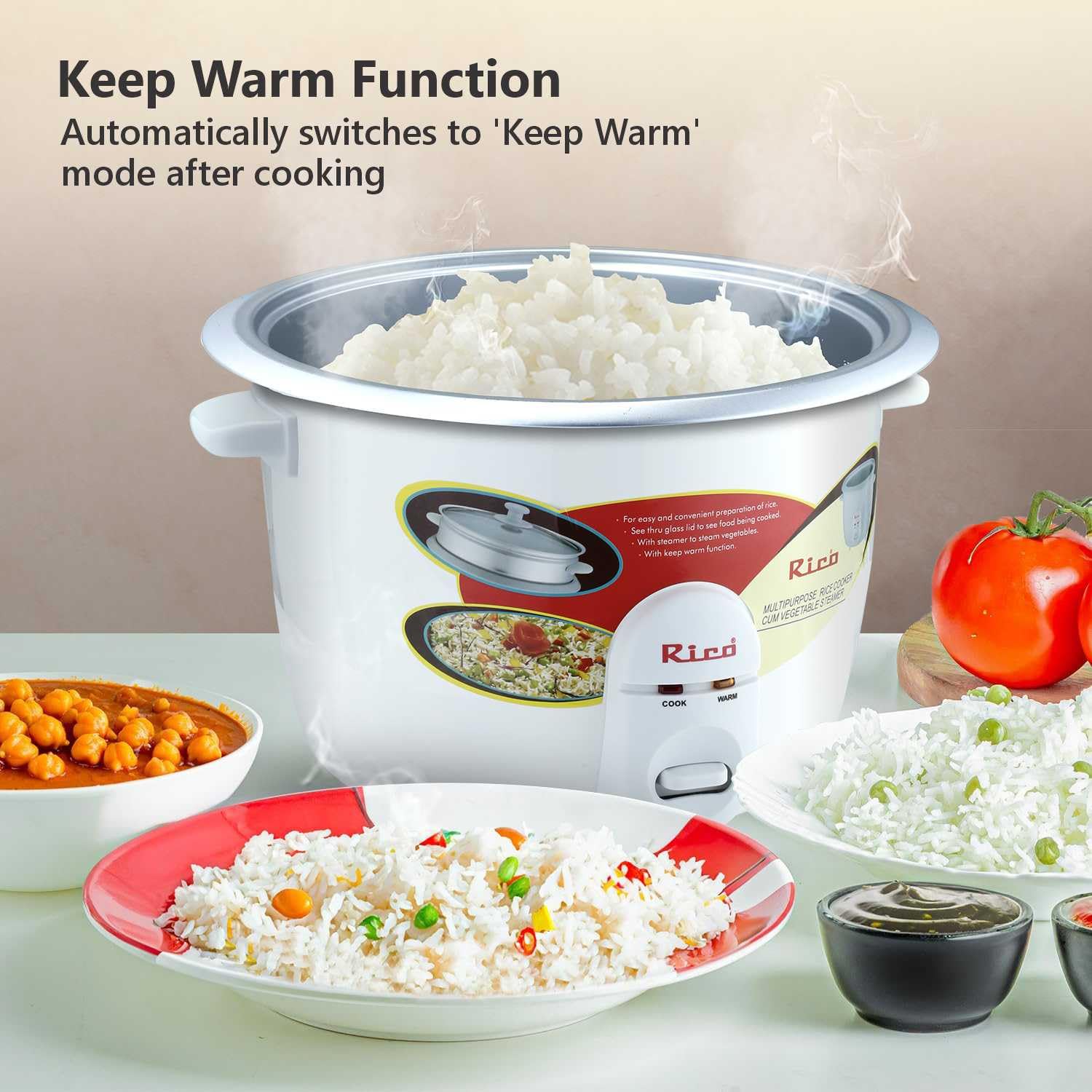 Rico Automatic Electric Rice Cooker 1.8 litres Single Pot with Vegetable Steamer | Quick Cook Japanese Technology | 650 Watt l One Touch Control and Transparent Glass lid |1 Year Warranty | (Aluminum)